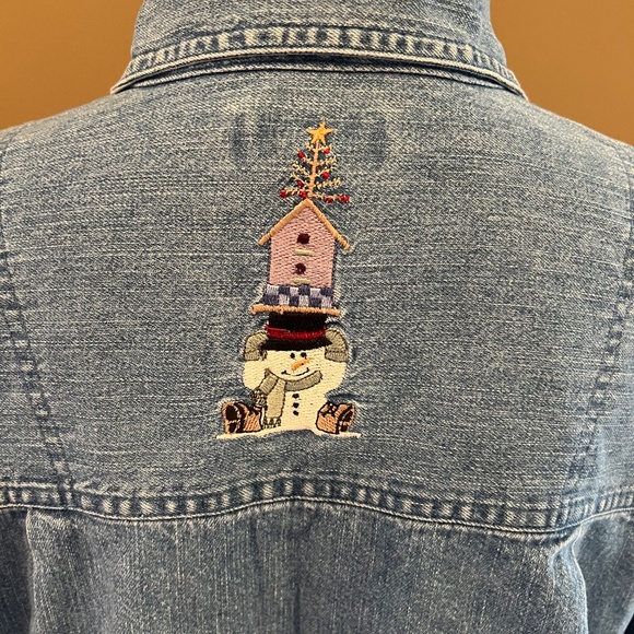 Vintage Christopher & Banks Embroidered Denim Snowman Button-up Shirt, Size Med - Picture 8 of 14